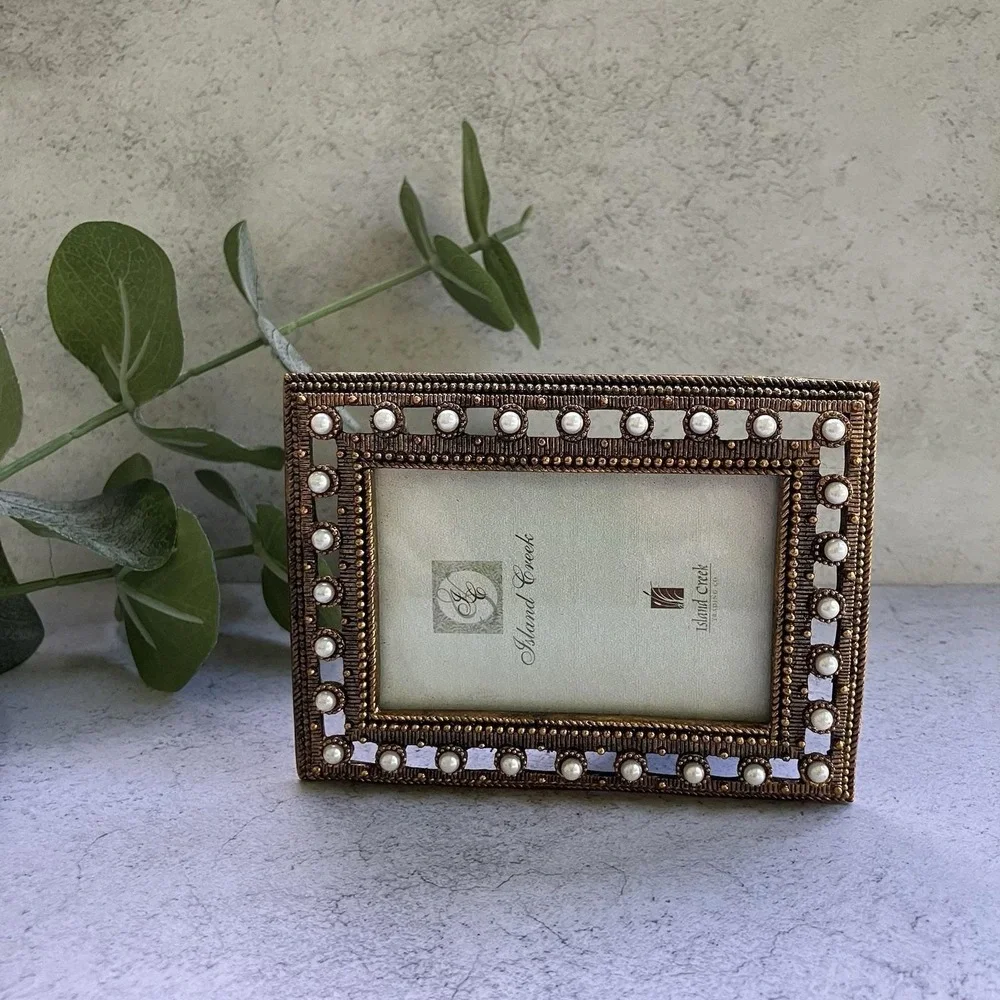 Island Creek Pearl Embellished Reticulated Gold Tone Metal Picture Frame 2x3